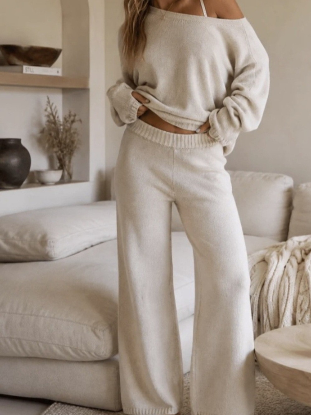 WOMEN'S ELASTIC WAIST KNIT WIDE LEG PANTS